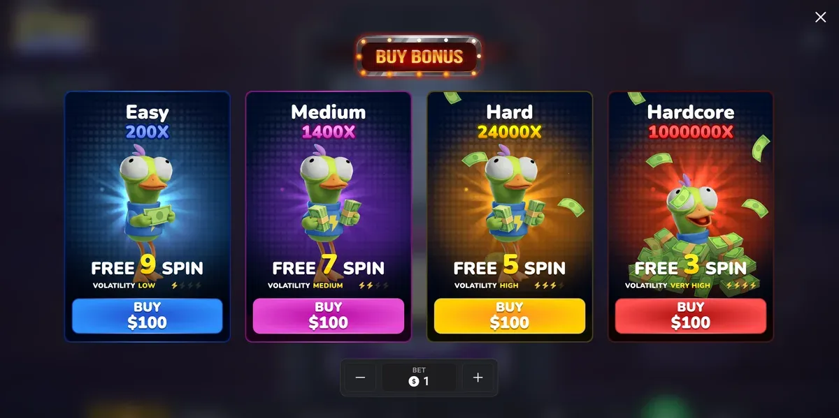 Lucky Ducky Buy Bonus tiers screen, free spins per tier on the claw machine